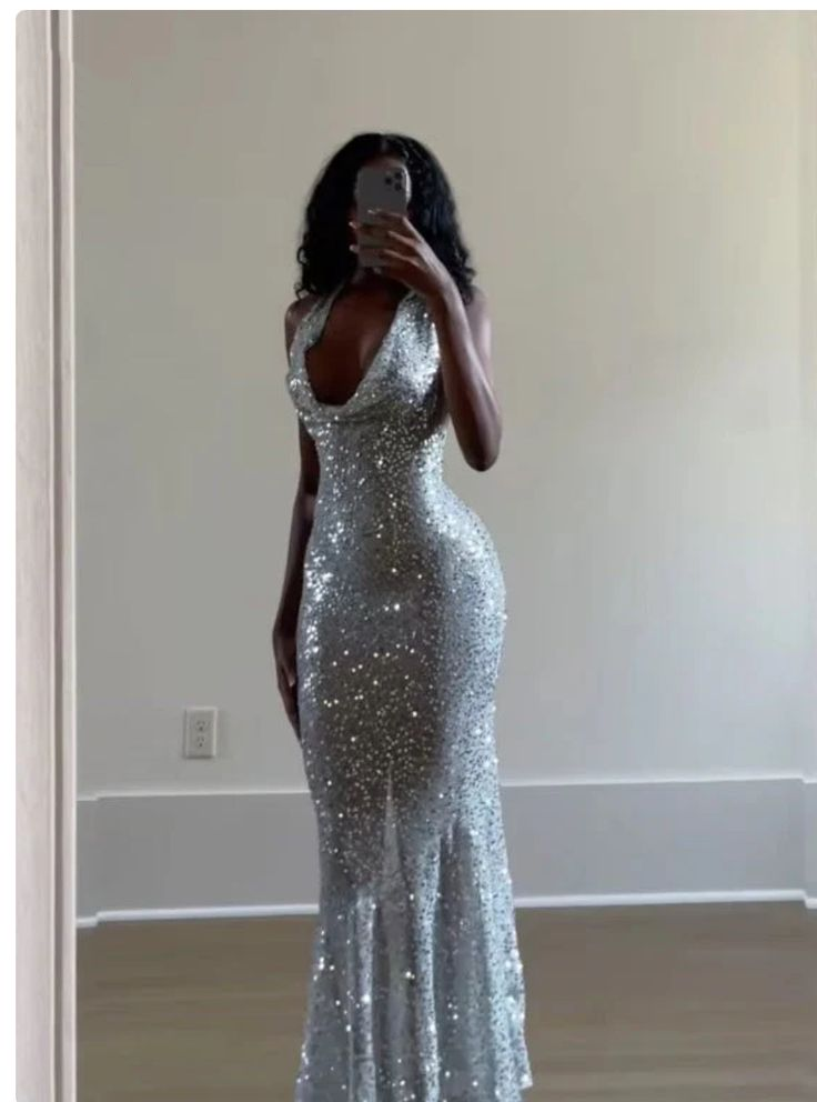 Glitter Halter Silver Sequin Mermaid Long Wedding Guest Dress Formal Evening Dress D1533