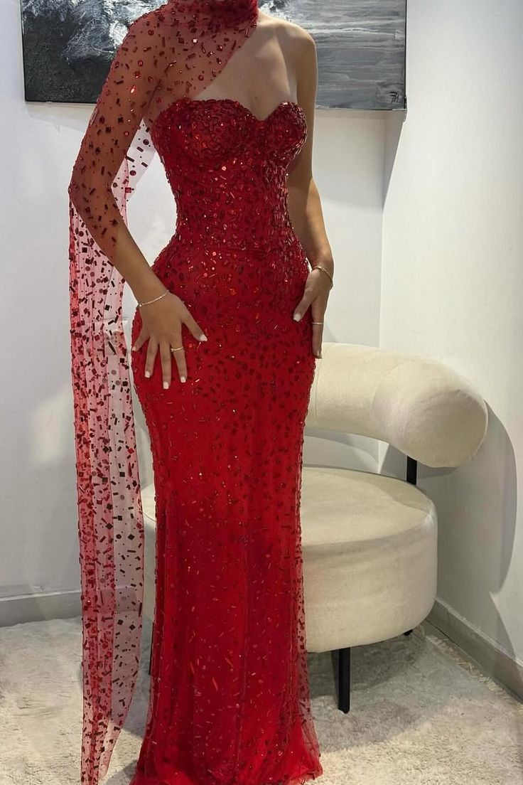 Gorgeous Red Strapless Tulle Beaded Mermaid Evening Dress Long Party Gown  D835