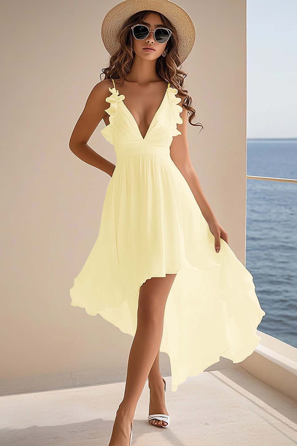White Chiffon A Line Boho High Low Graduation Dress with Ruffles