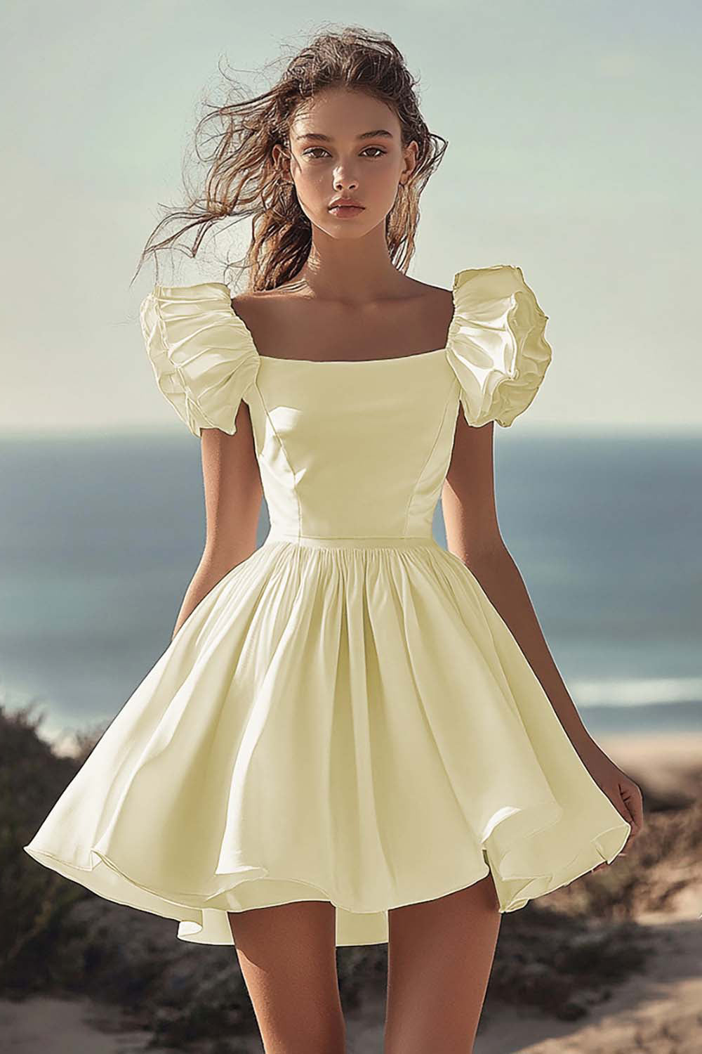 White Satin Mini A Line Graduation Dress with Ruffles