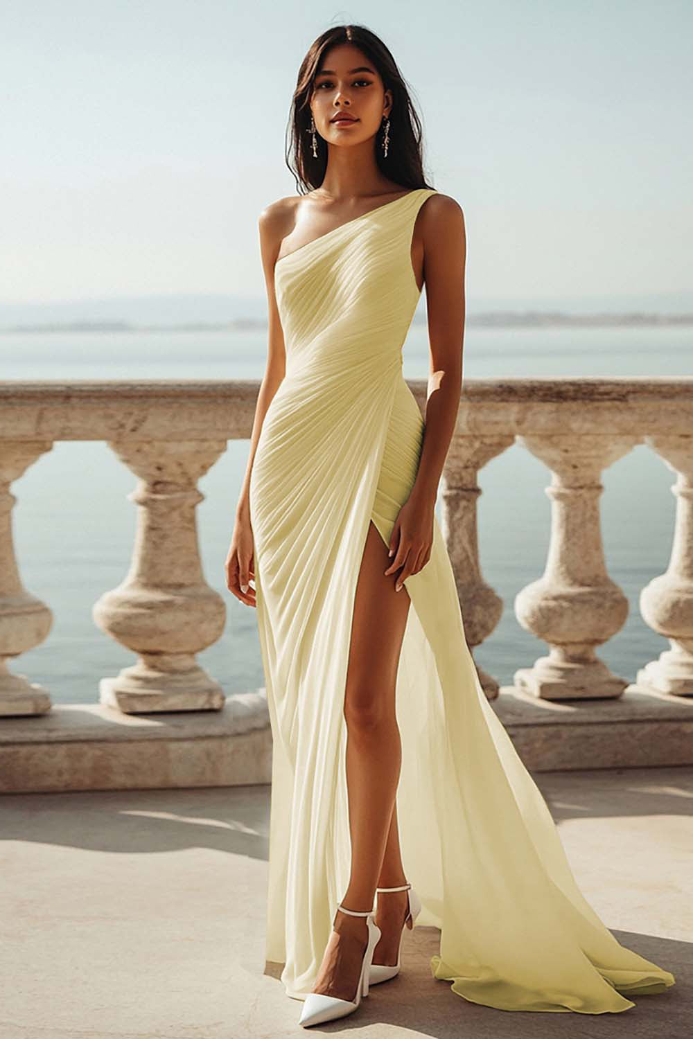 Ivory Ruched One Shoulder Beach Maxi Rehearsal Dinner Dress with Slit