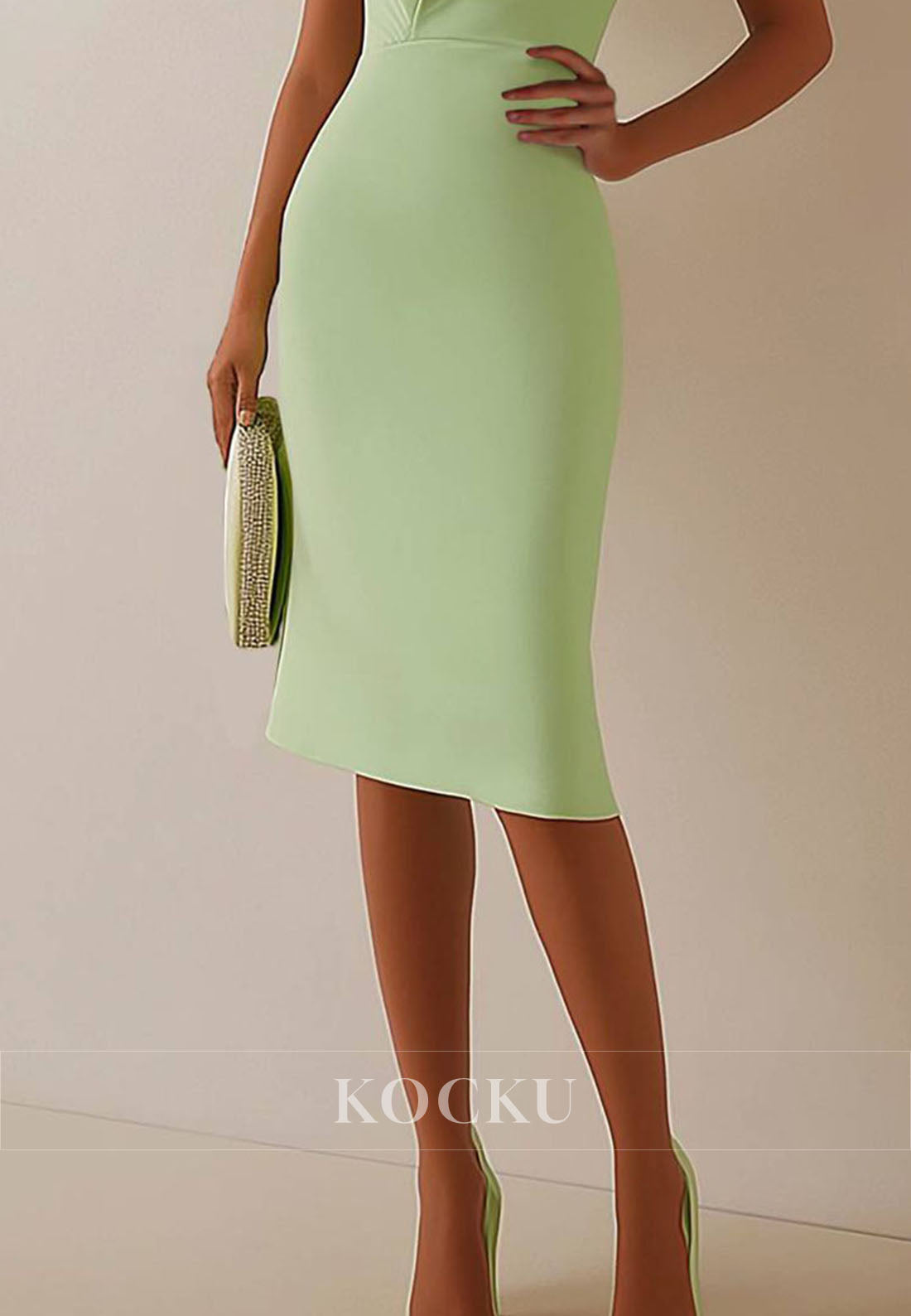 Simple Amymmetrical Ruffled Leaf Sleeves Sheath Knee-Length Work Dress Formal Gown