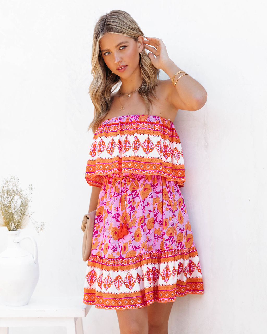 Boho Print Strapless Flounce Tiered Mini Dress