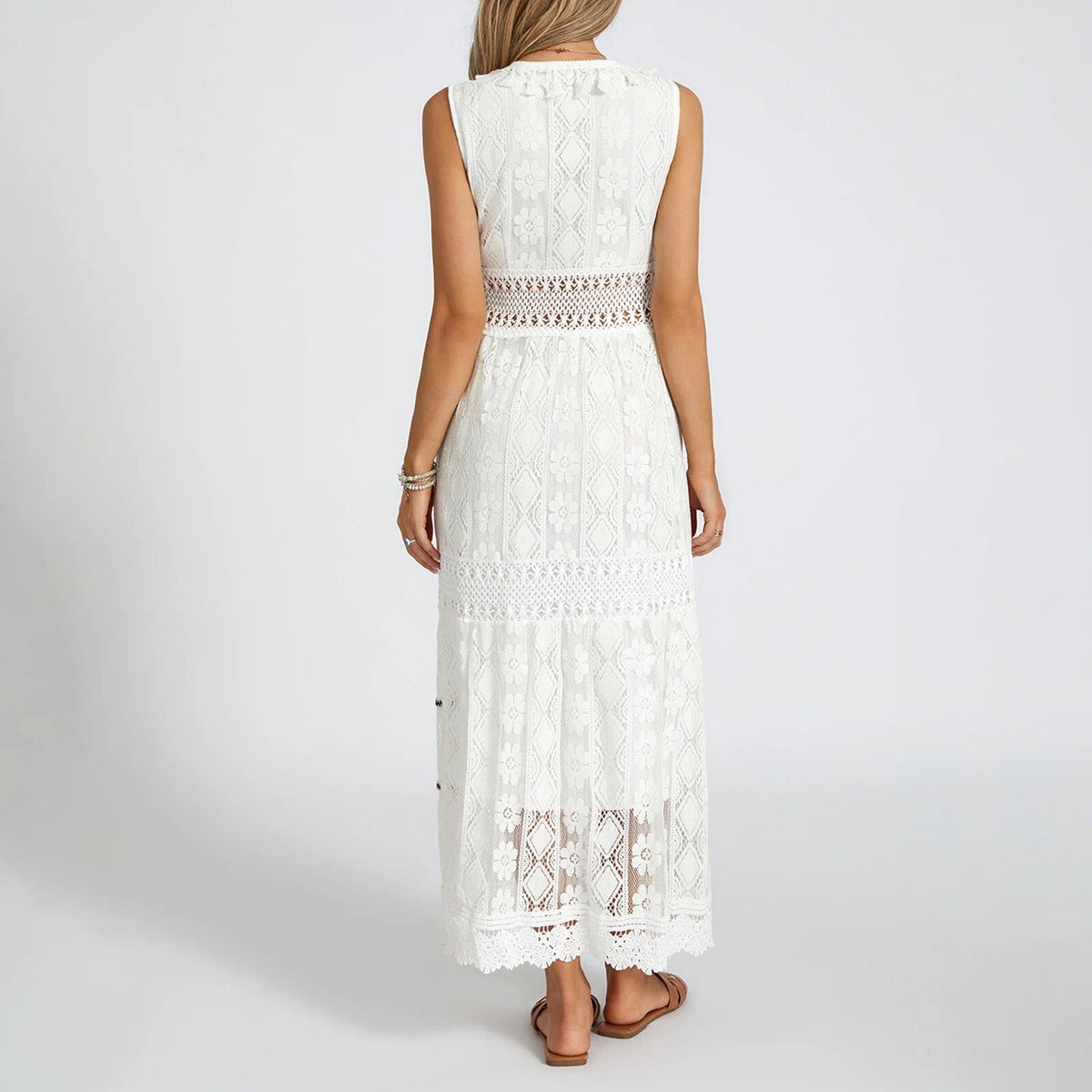 Lace Sleeveless V-Neck Lace Up Bust Crochet Waist Midi Dress - View 2