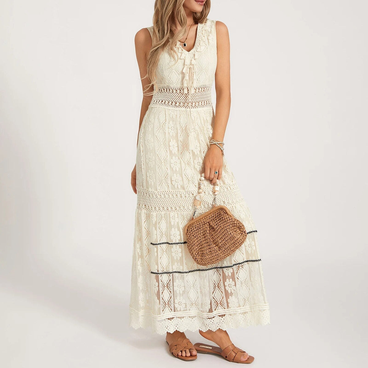 Lace Sleeveless V-Neck Lace Up Bust Crochet Waist Midi Dress - View 3