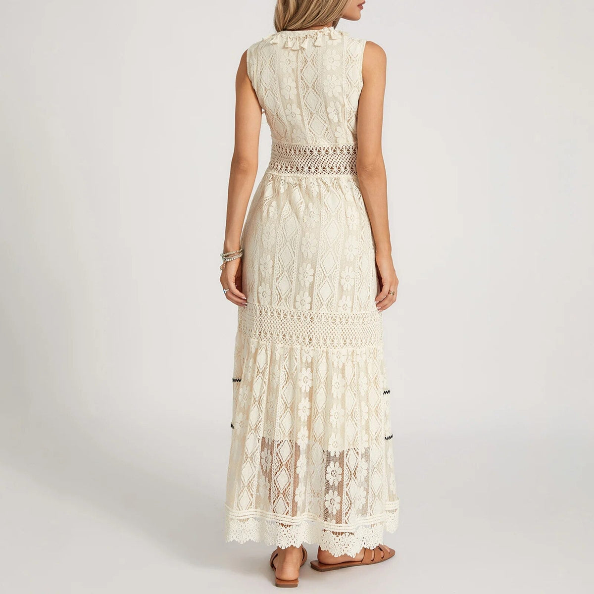 Lace Sleeveless V-Neck Lace Up Bust Crochet Waist Midi Dress - View 4