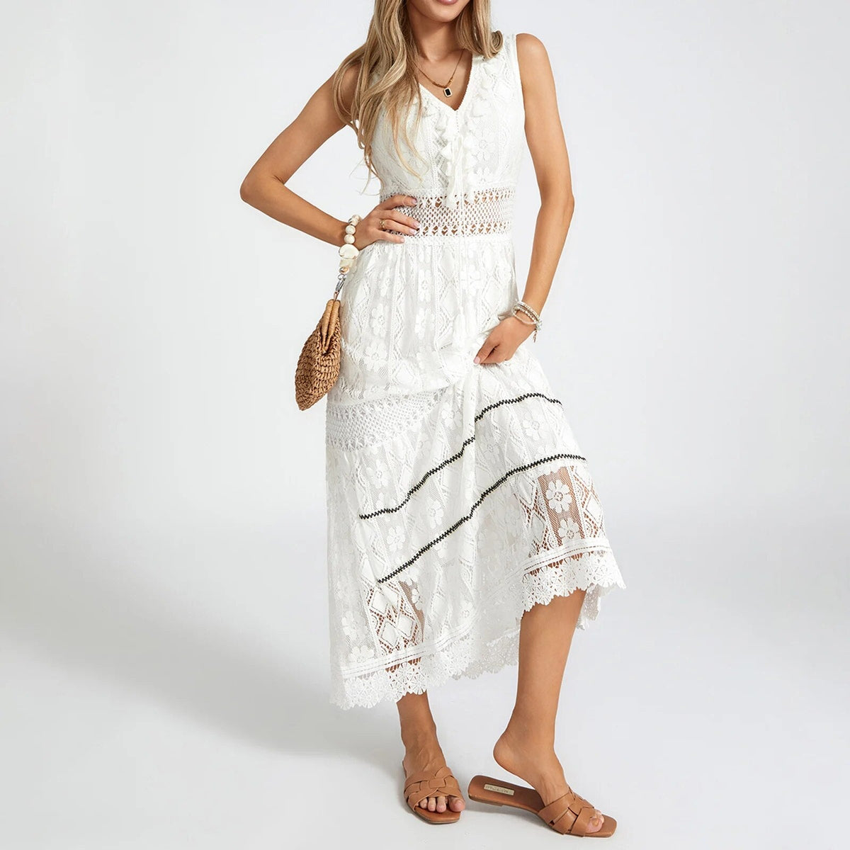 Lace Sleeveless V-Neck Lace Up Bust Crochet Waist Midi Dress
