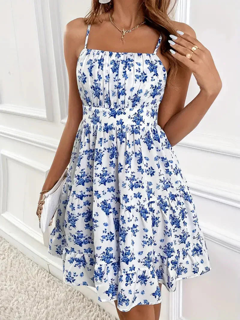 Floral Print Square Neck Spaghetti Strap Tiered Ruffle Mini Dress