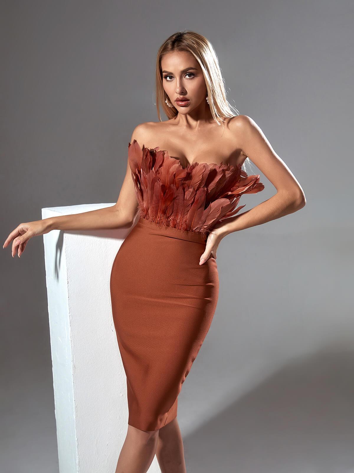 Darby Strapless Feather Bandage Dress In Brown