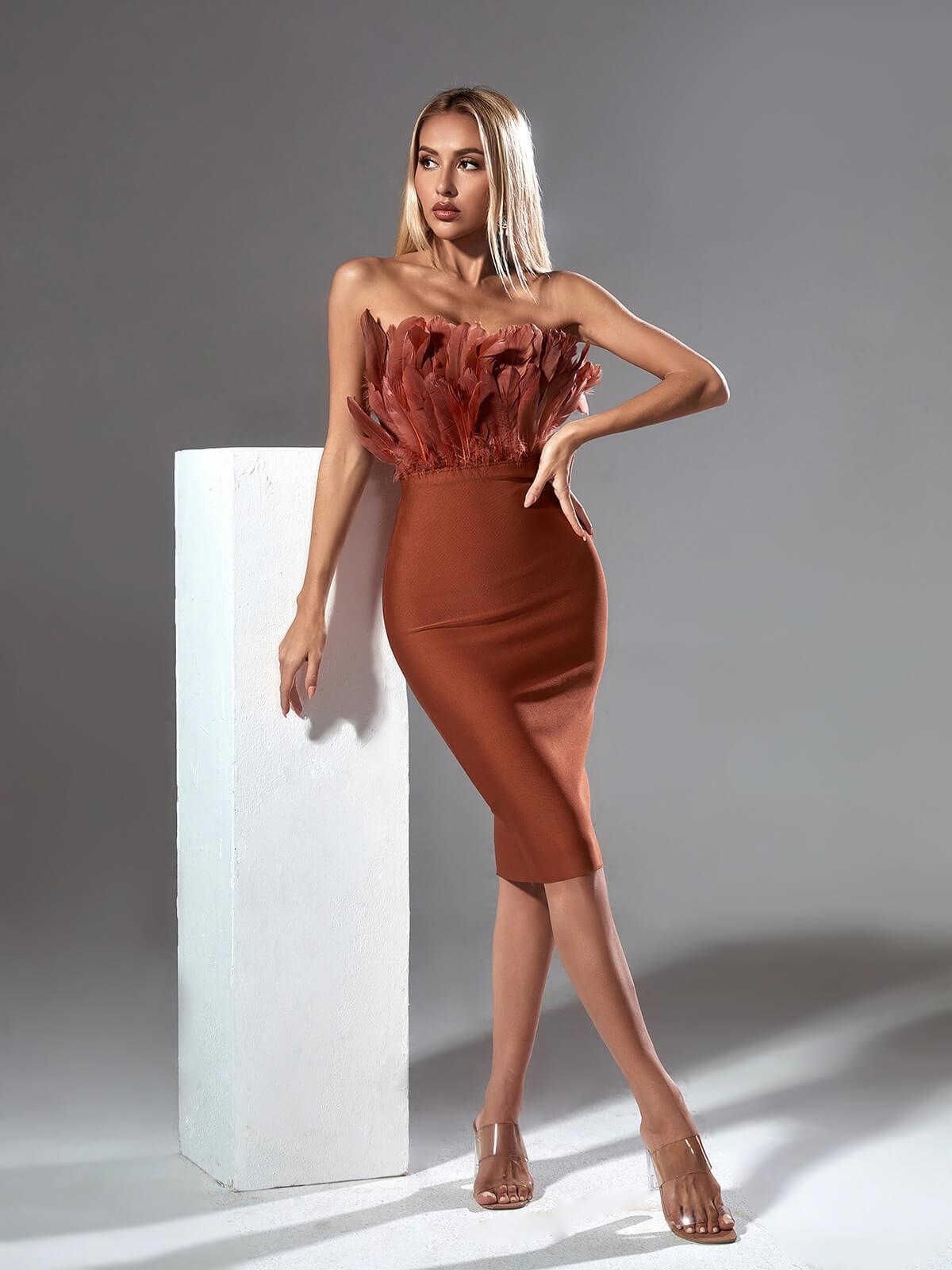 Darby Strapless Feather Bandage Dress In Brown