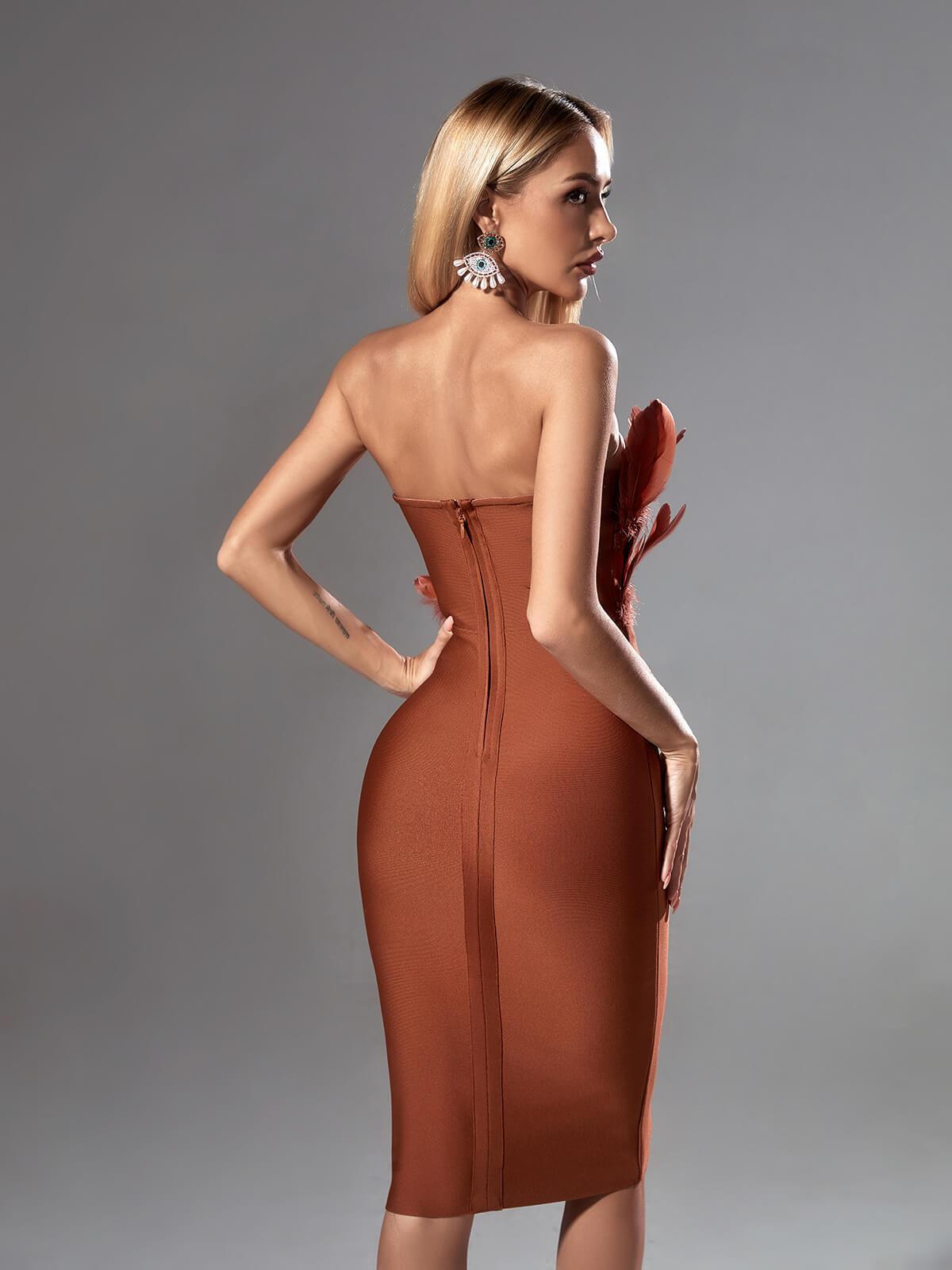 Darby Strapless Feather Bandage Dress In Brown