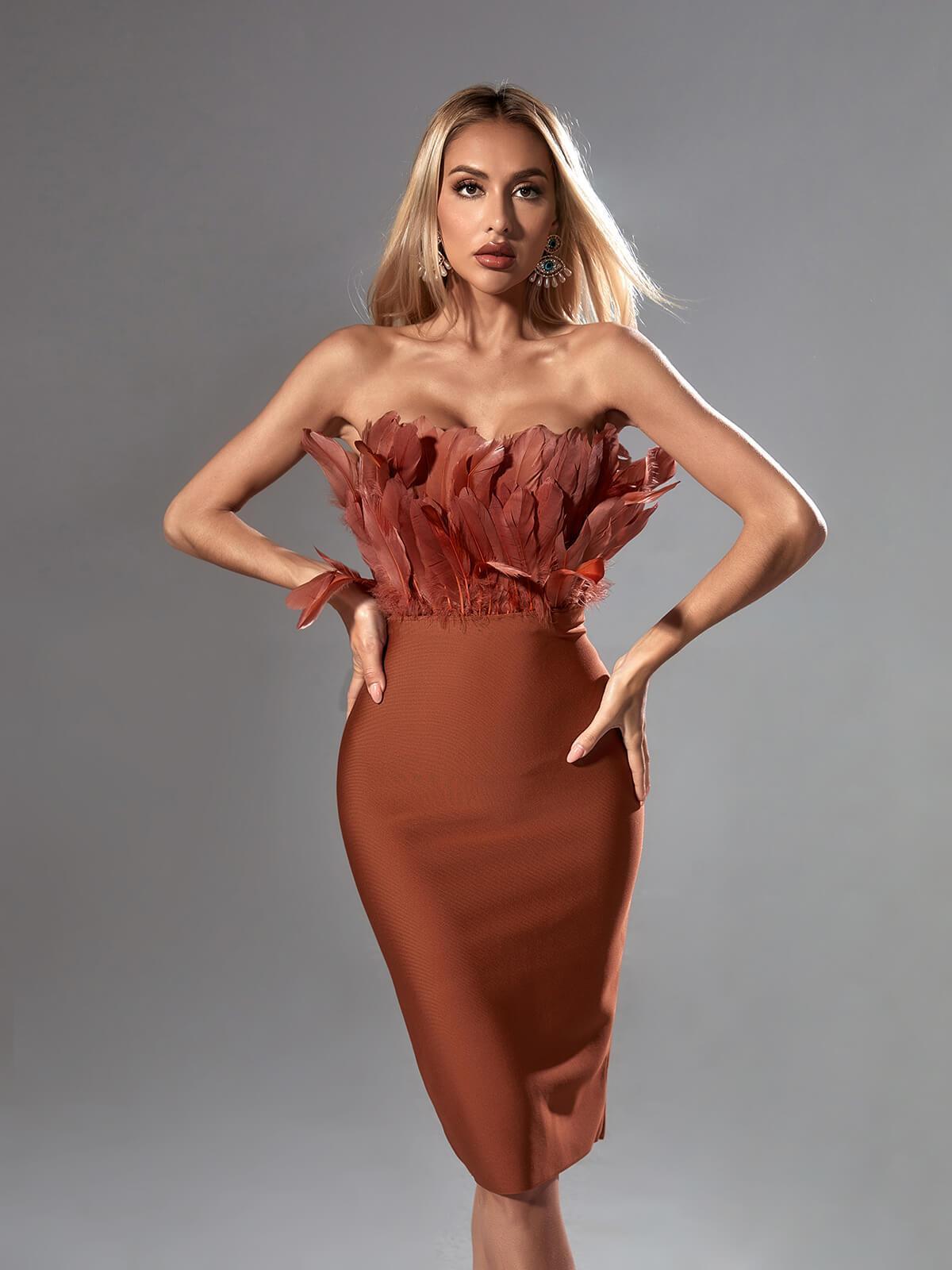 Darby Strapless Feather Bandage Dress In Brown