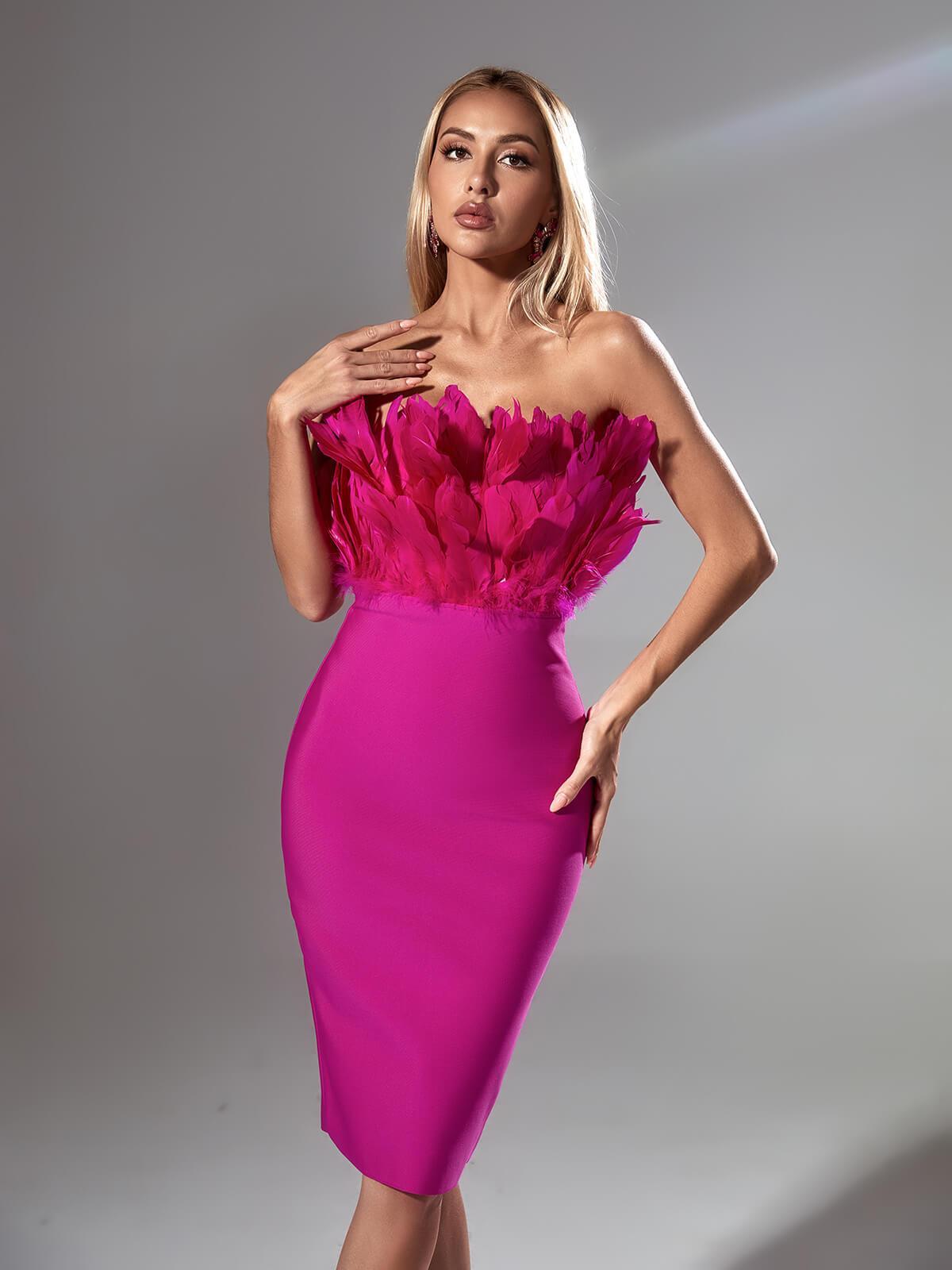 Darby Strapless Feather Bandage Dress In Hot Pink