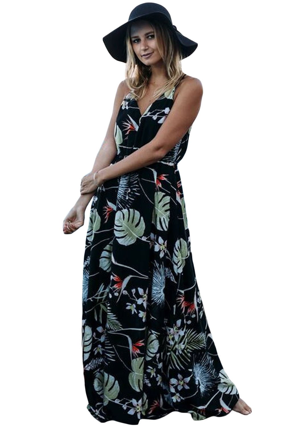 Floral Print V-Neck Sleeveless Pleated Maxi Dress