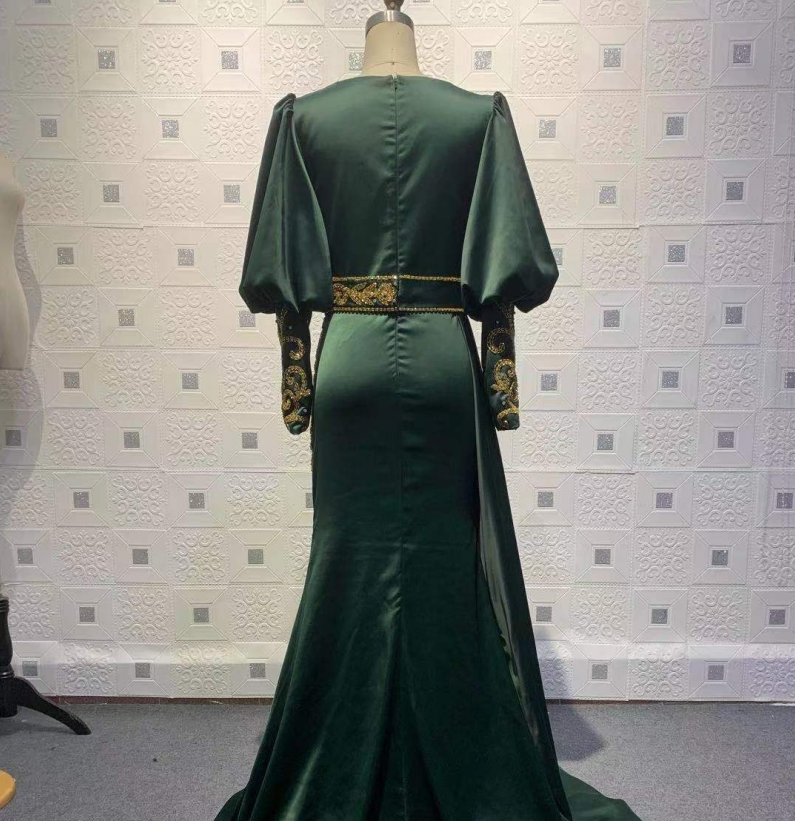 Dark Green Long Evening Dresses | Prom Evening Dresses with sleeves
