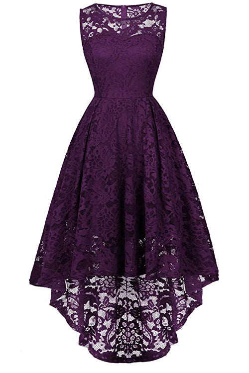 Dark Navy A-line Lace Sleeveless High Low Prom Dress - Mislish