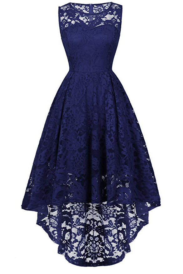 Dark Navy A-line Lace Sleeveless High Low Prom Dress - Mislish