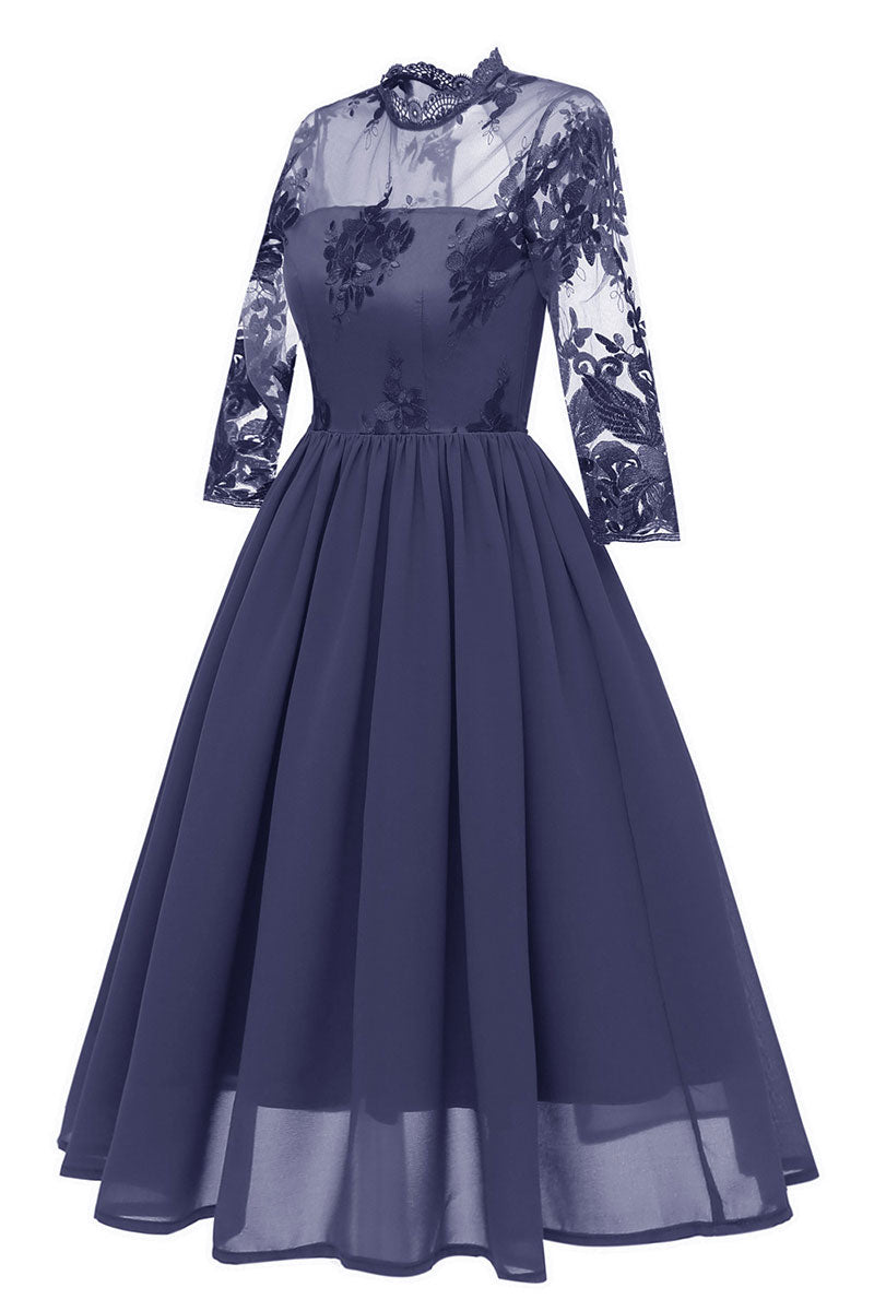 Floral Lace High-Neck Long Sleeve Chiffon A-Line Dress