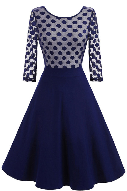 Polka Dot Round-Neck Three-Quarter Sleeve A-Line Dress