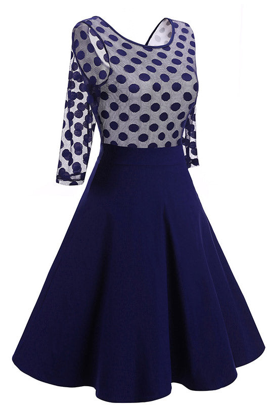 Polka Dot Round-Neck Three-Quarter Sleeve A-Line Dress 3