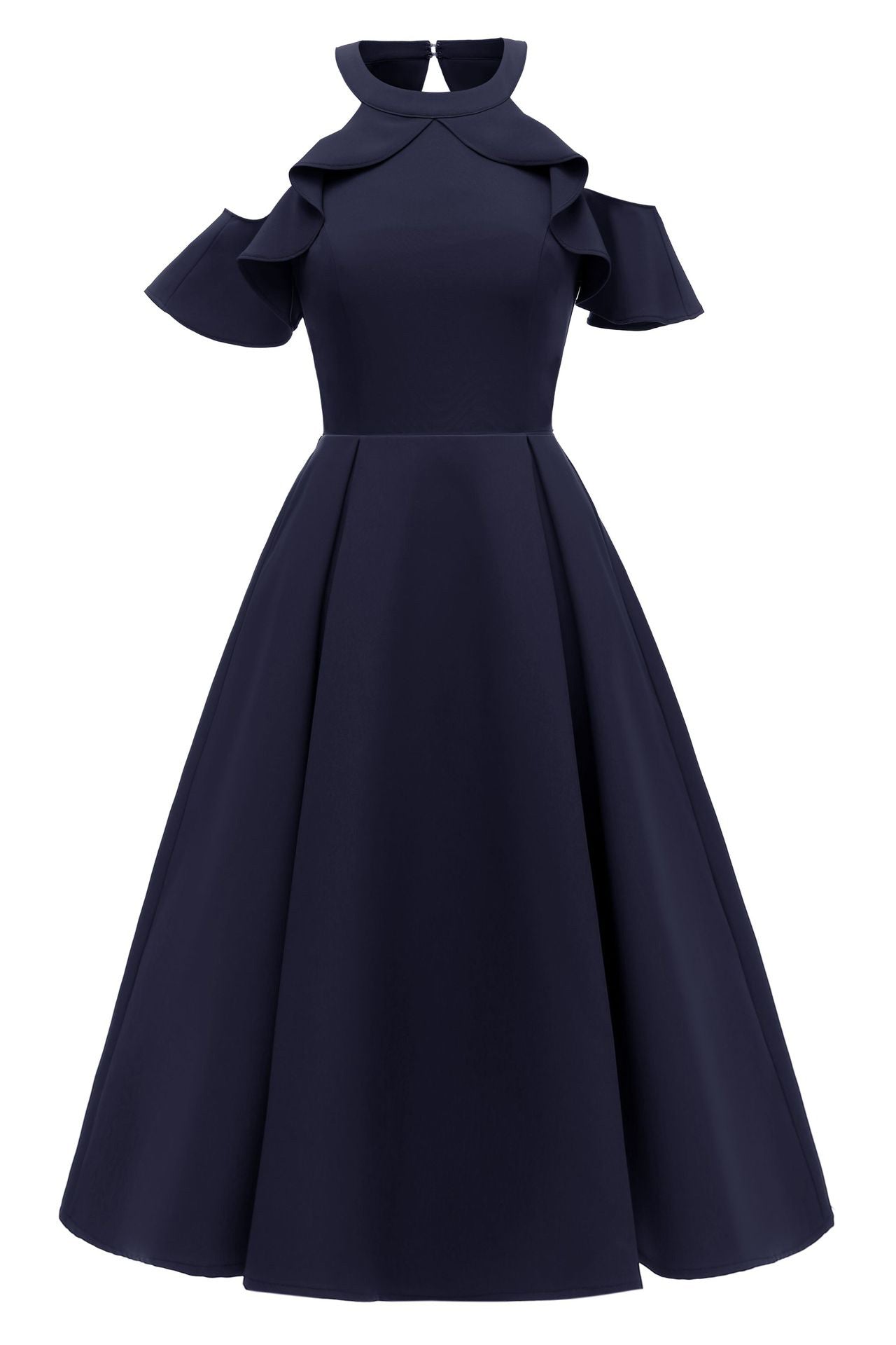Dark Navy Fit And Flare Ruffled Off-the-shoulder Homecoming Dress