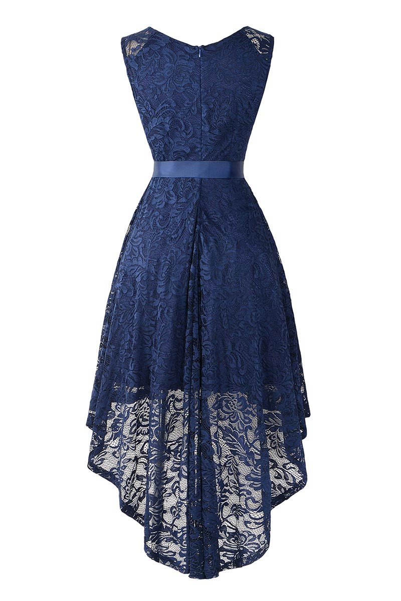 Dark Navy Knot Front High Low Lace Prom Dress