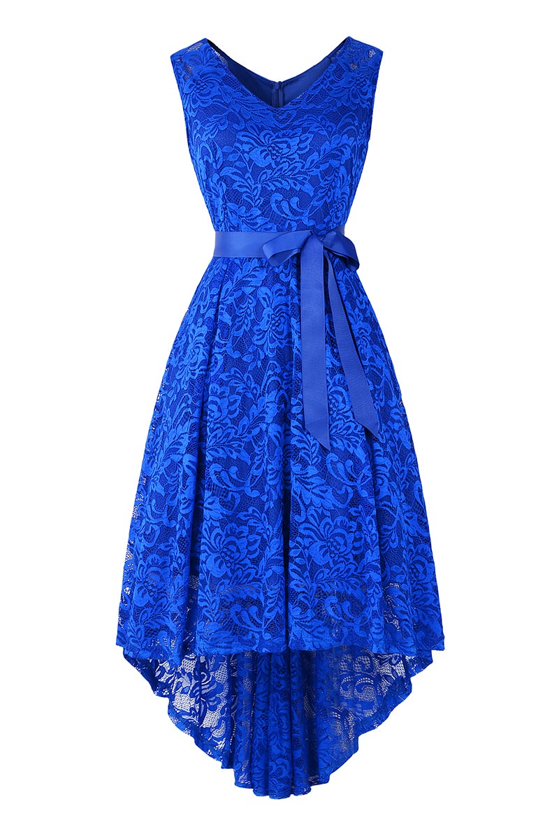Dark Navy Knot Front High Low Lace Prom Dress - Mislish