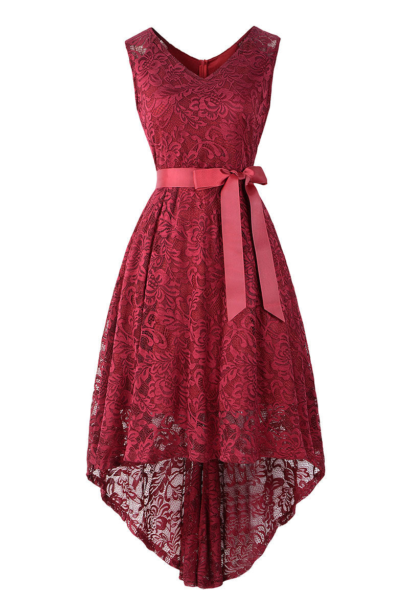 Dark Navy Knot Front High Low Lace Prom Dress - Mislish