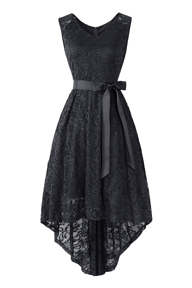 Dark Navy Knot Front High Low Lace Prom Dress - Mislish