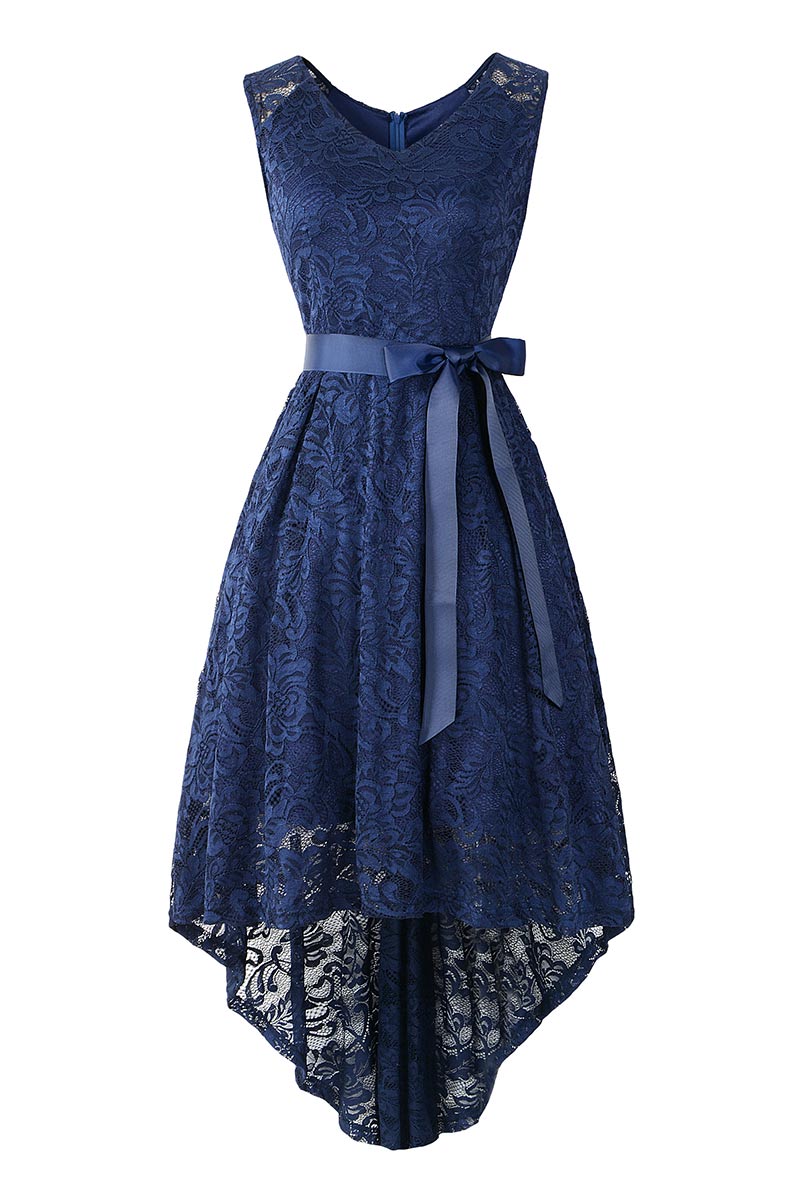 Dark Navy Knot Front High Low Lace Prom Dress - Mislish