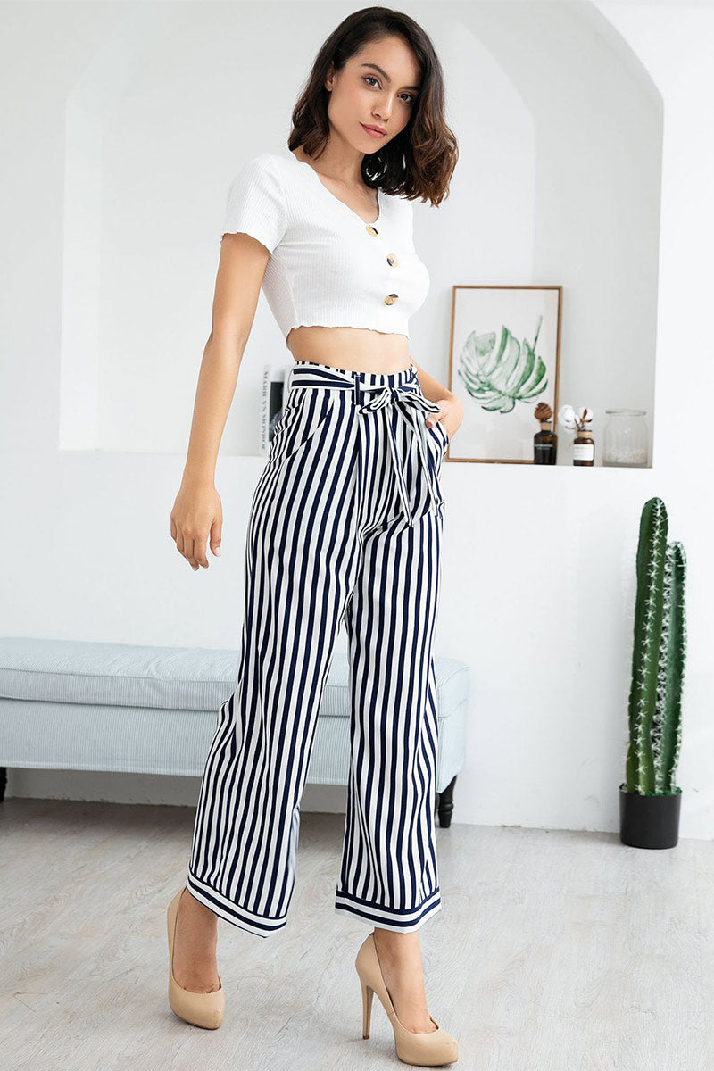 Dark Navy Lace-up Striped Empire Belted Pants