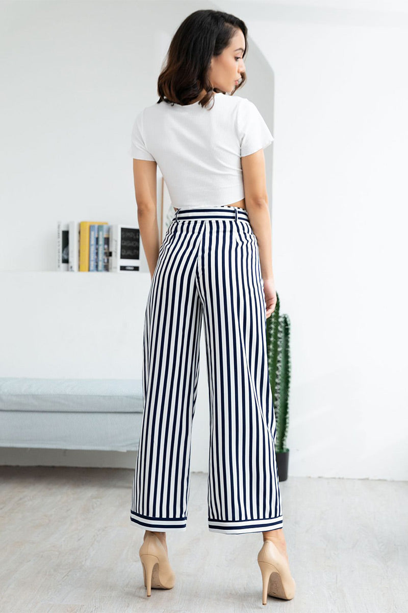 Dark Navy Lace-up Striped Empire Belted Pants