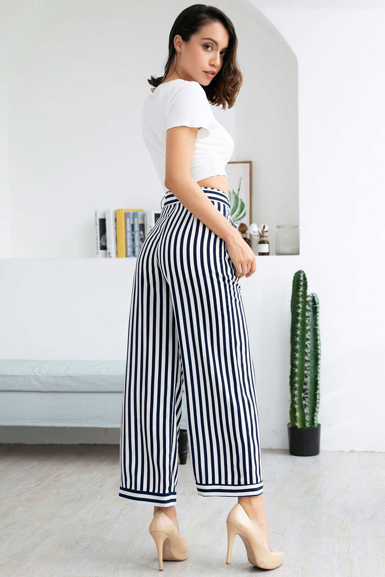 Dark Navy Lace-up Striped Empire Belted Pants