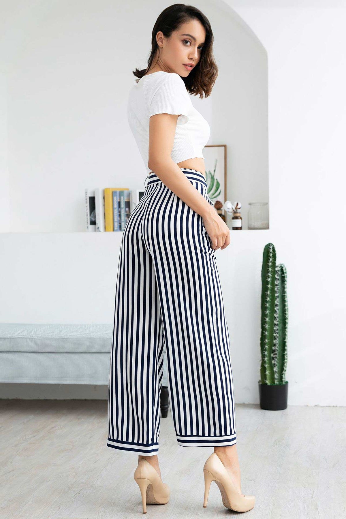 Dark Navy Lace-up Striped Empire Belted Pants