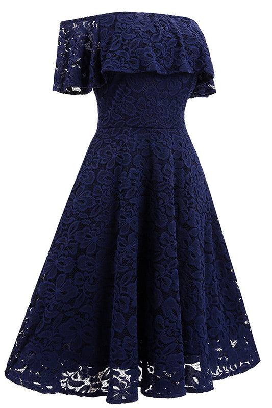 Floral Lace Off-Shoulder Short Sleeve Swing Midi Dress