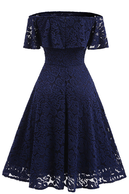 Floral Lace Off-Shoulder Short Sleeve Swing Midi Dress