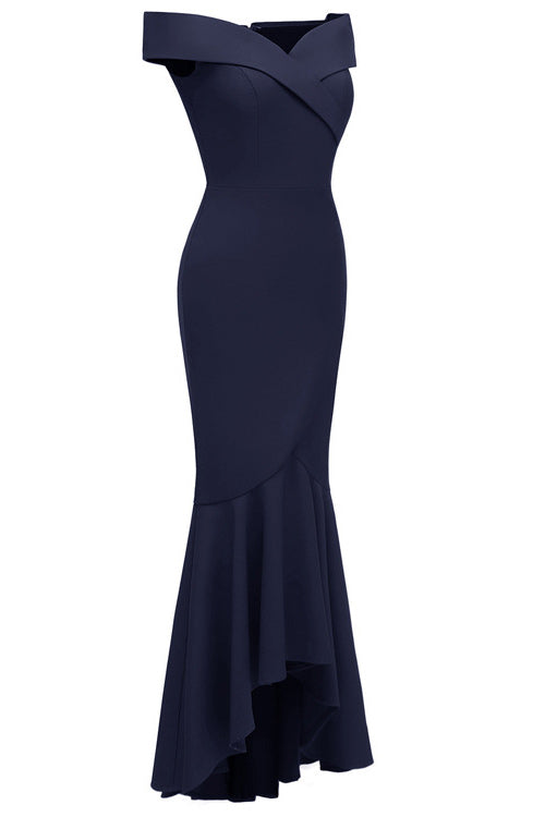 Dark Navy Off-the-shoulder Ruffled Prom Dress