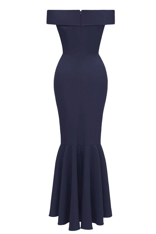 Dark Navy Off-the-shoulder Ruffled Prom Dress