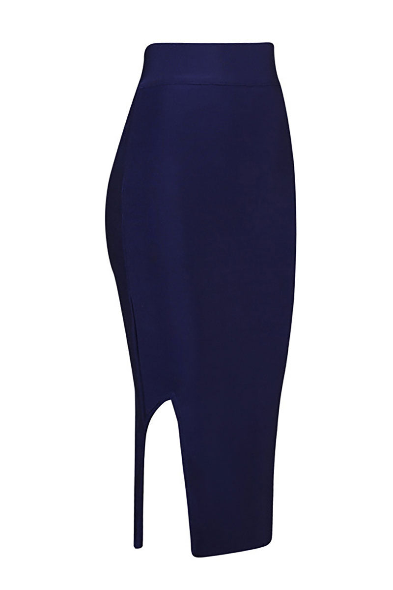 Dark Navy Sexy Slit Knee Length Bandage Dress