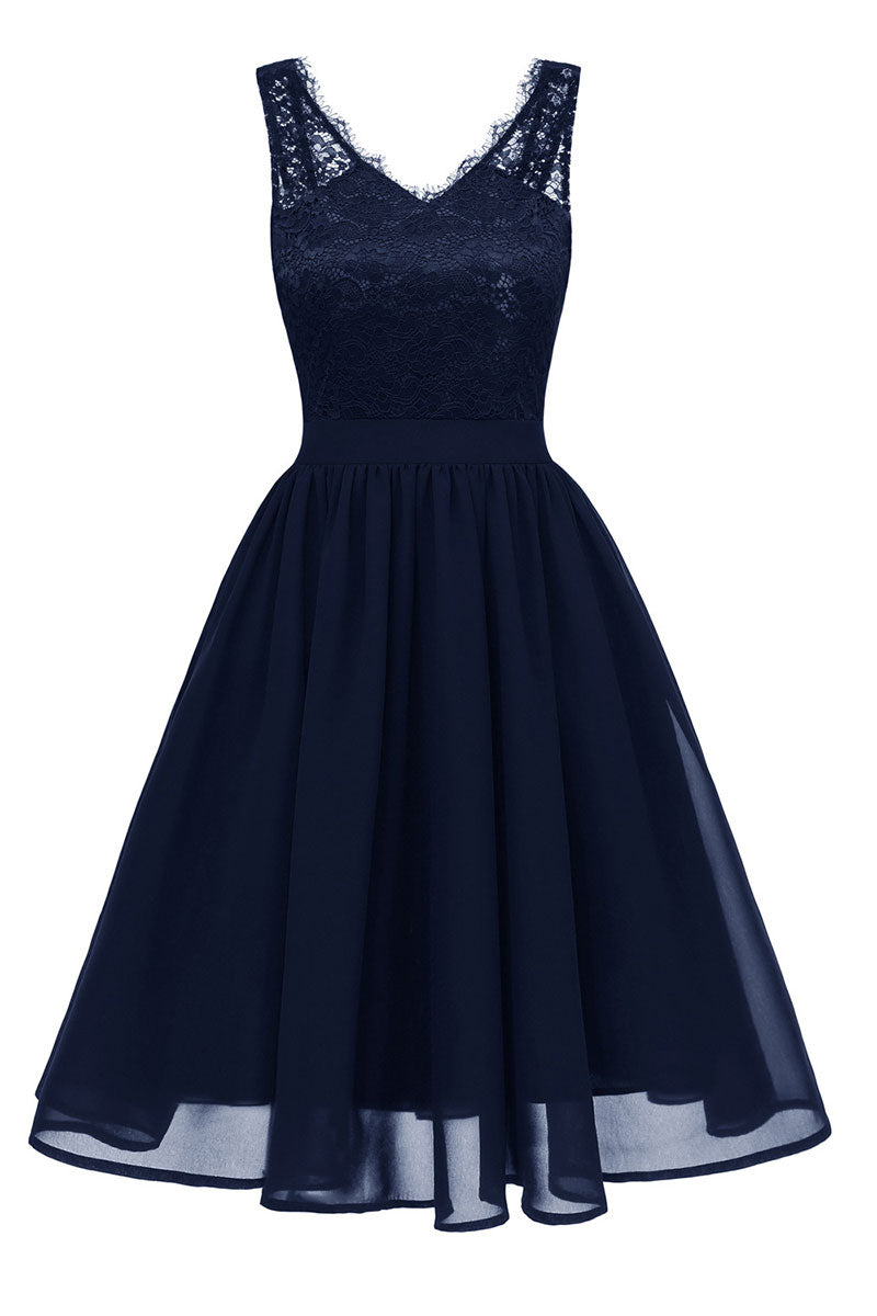 Burgundy V-neck Lace A-line Prom Dress - Mislish