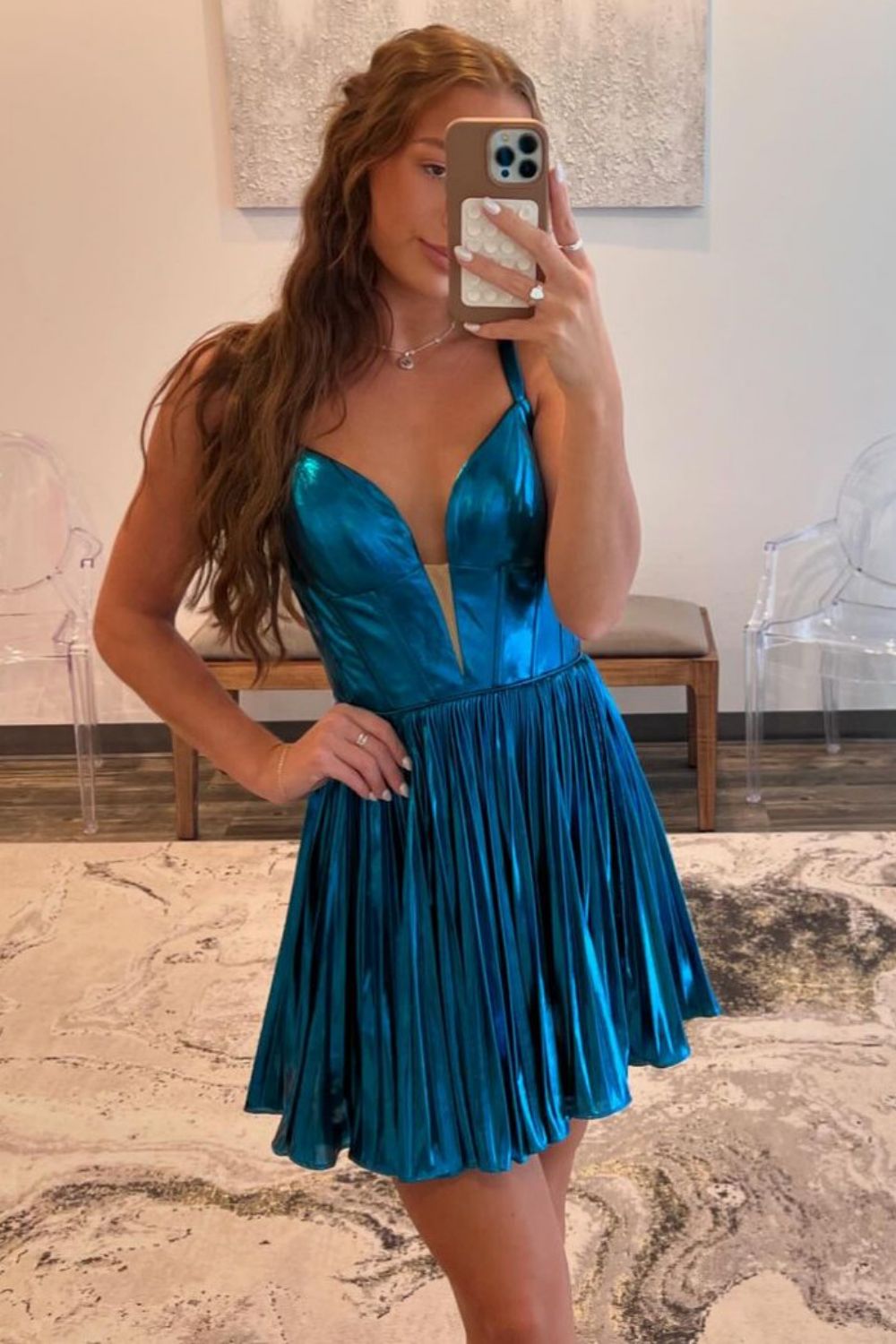 Dark Blue A-Line Straps Open Back Short Metallic Homecoming Dress - Fashionpara