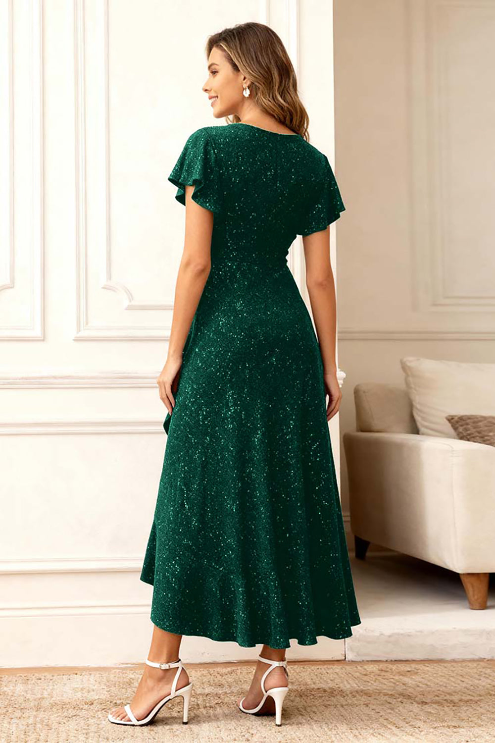 Black Round Neck Midi Glitter Holiday Party Dress with Sleeves