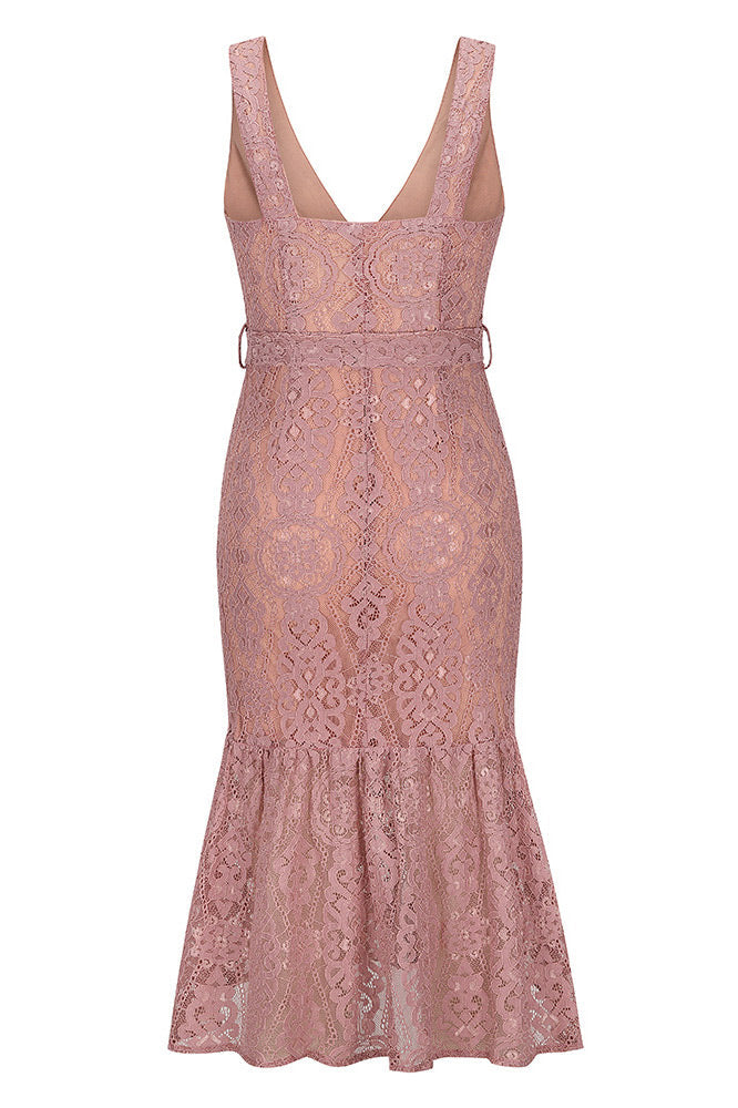 Mid Length Dark Green Lace Plunging Dress - Fashionpara