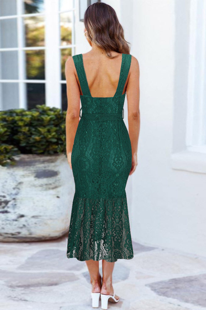 Mid Length Dark Green Lace Plunging Dress - Fashionpara
