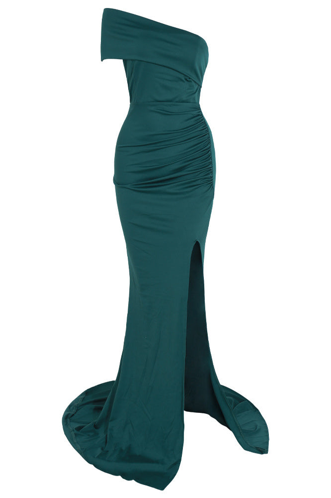 One-Shoulder Ruched Satin High-Slit Mermaid Gown