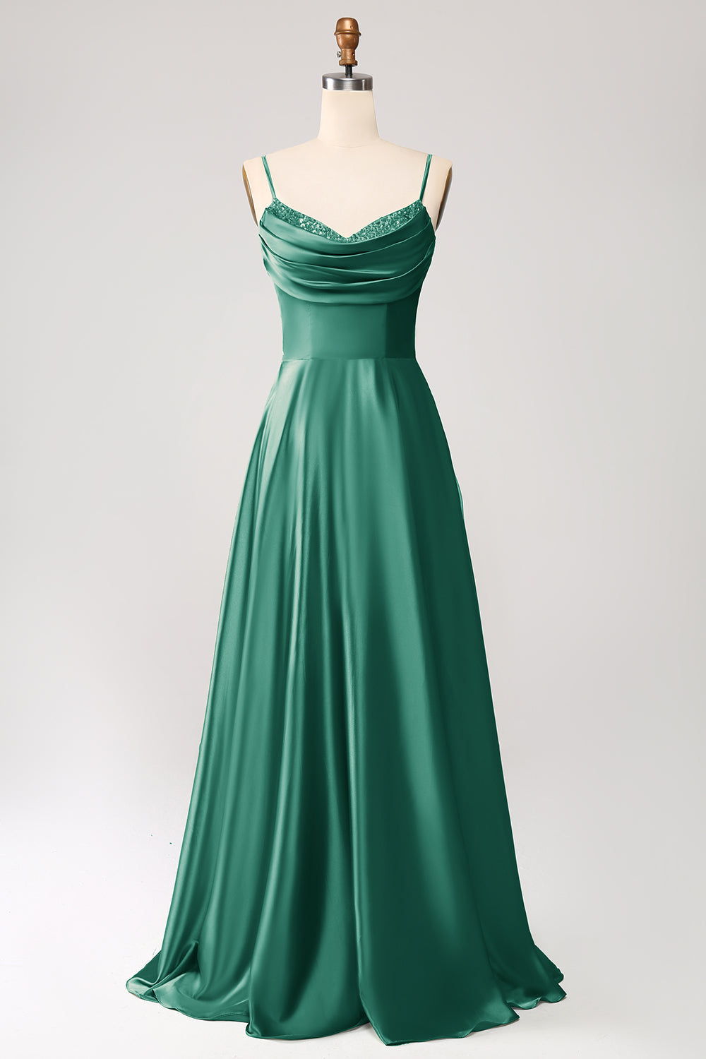Dusty Sage A Line Cowl Neck Satin Long Prom Dress with Pleated