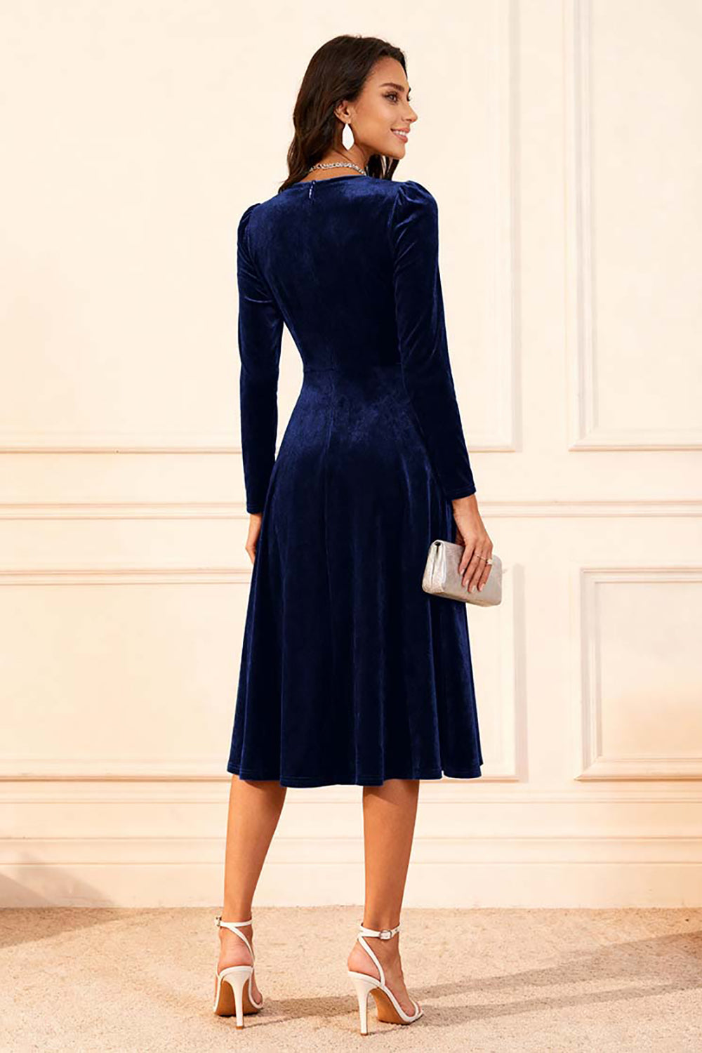 Dark Green A Line Velvet Midi Glitter Holiday Party Dress with Sleeves