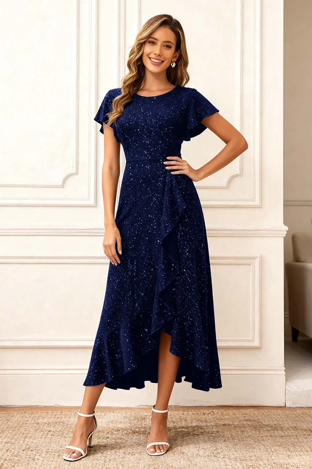 Black Round Neck Midi Glitter Holiday Party Dress with Sleeves