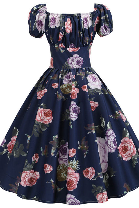 Dark Navy A-Line Print Swing Dresses Fashionpara