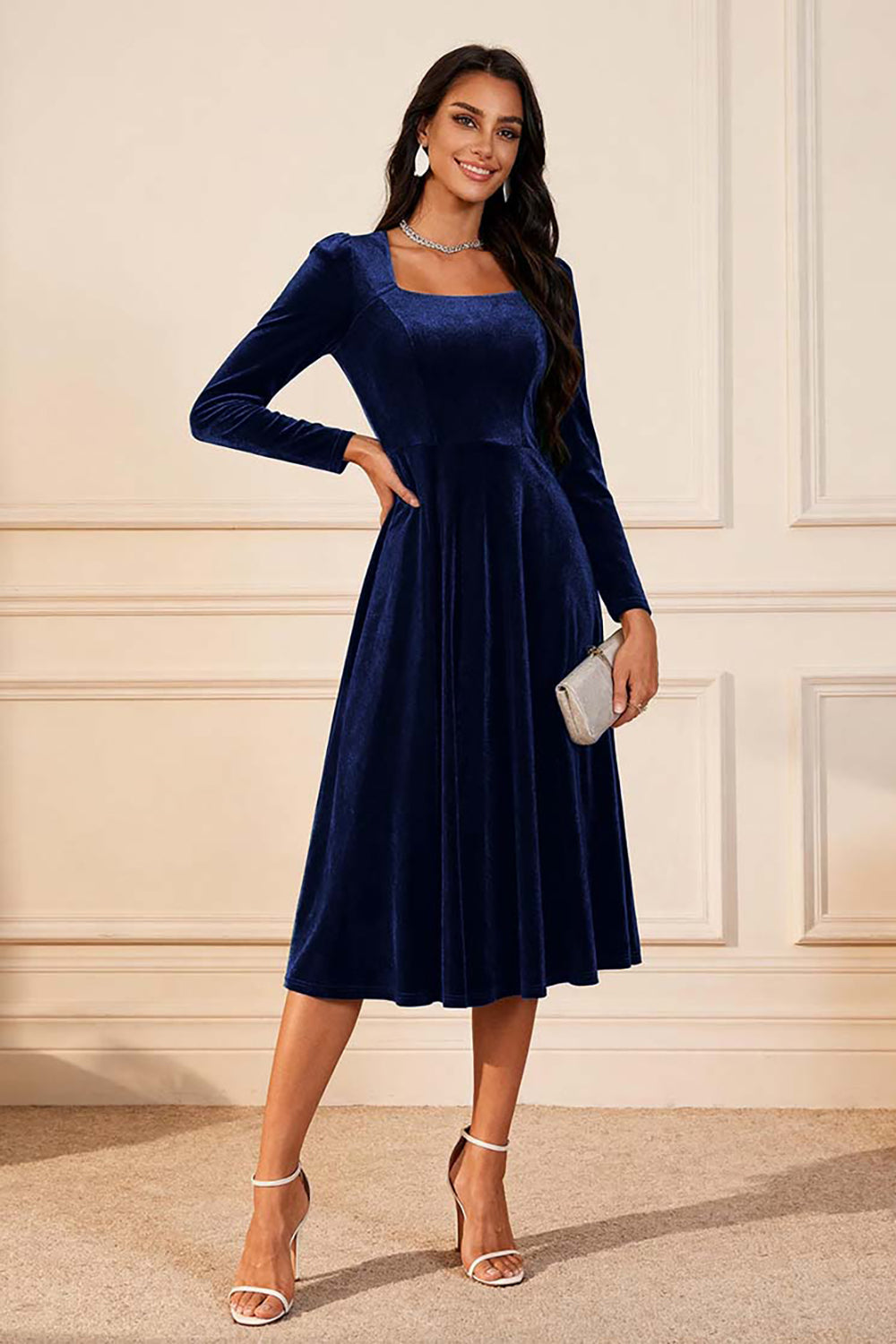 Dark Green A Line Velvet Midi Glitter Holiday Party Dress with Sleeves